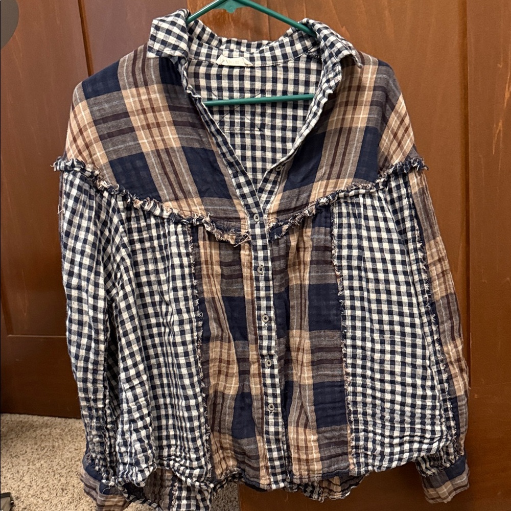Three Bird Nest Plaid Patchwork Blouse